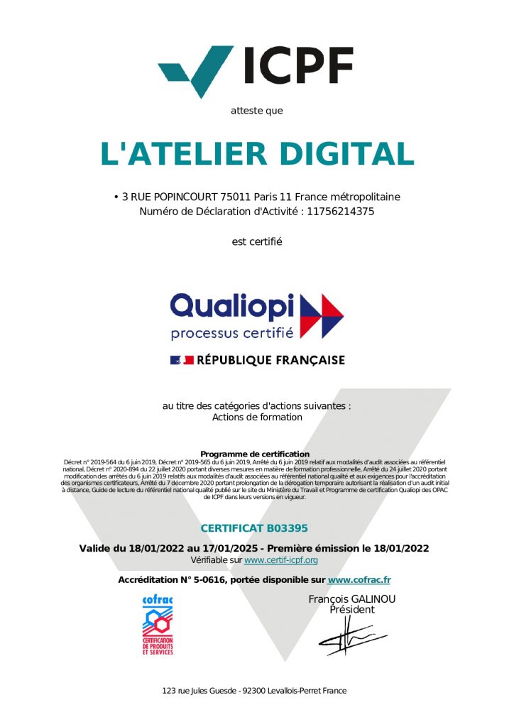 Première page du certificat QUALIOPI