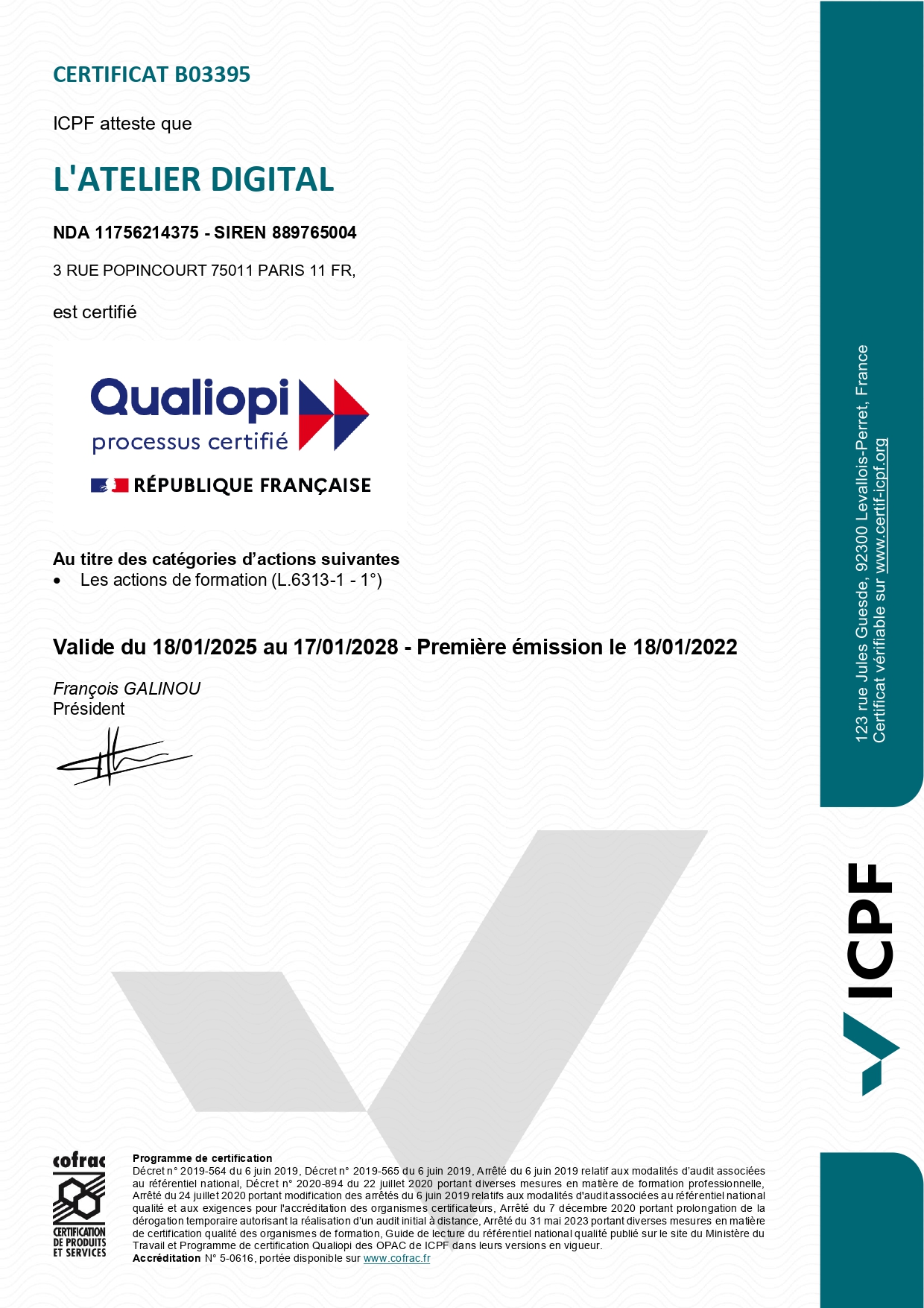 Certificat Qualiopi de L'Atelier Digital